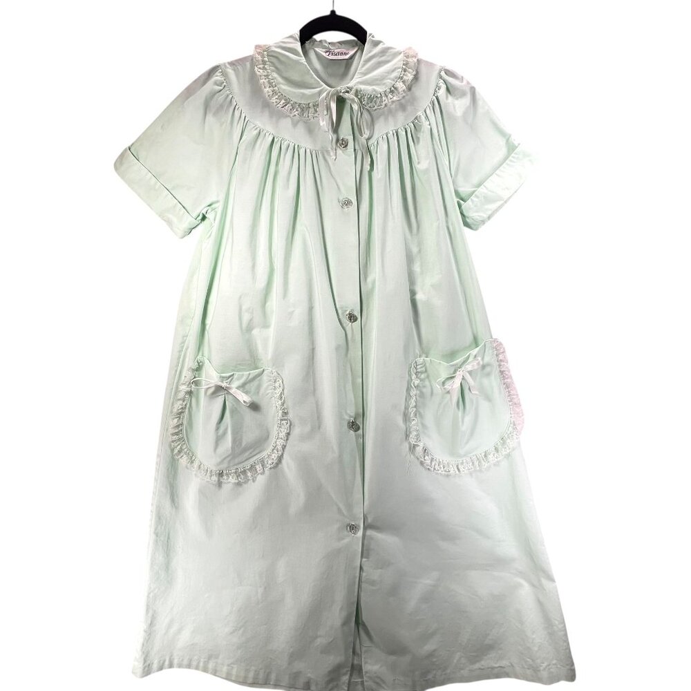 Vtg Lisanne Mint Green Button Down Housecoat Robe Lace Collar Pockets Cotton SS - Picture 3 of 16